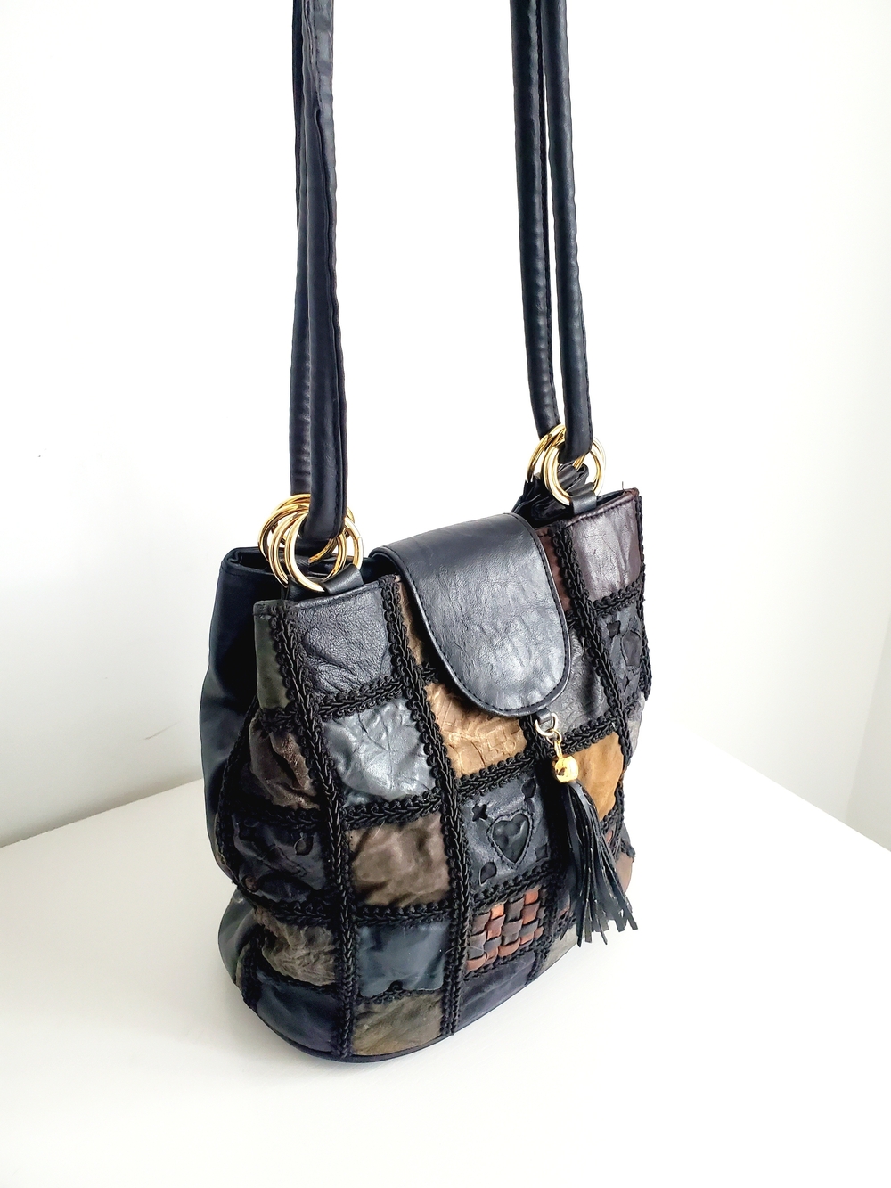 Patchwork Leather Shoulder Bag in Black and Brown